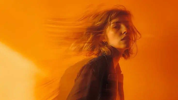 Woman with windblown hair against orange background